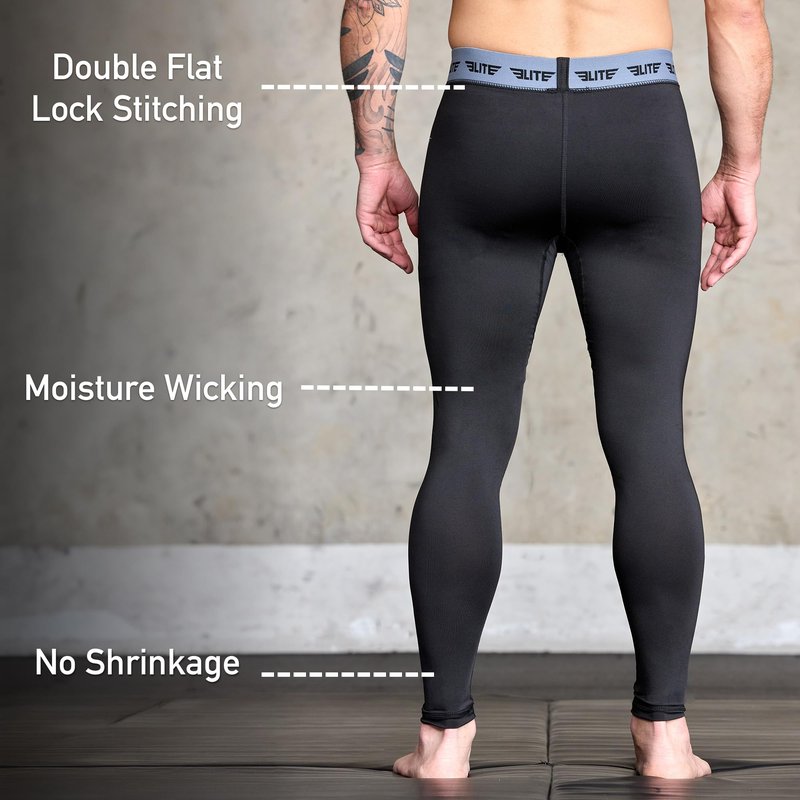 Elite Sports New Item Workout Standard MMA BJJ Spats Base Layer Compression Pants Tights, Black, Large