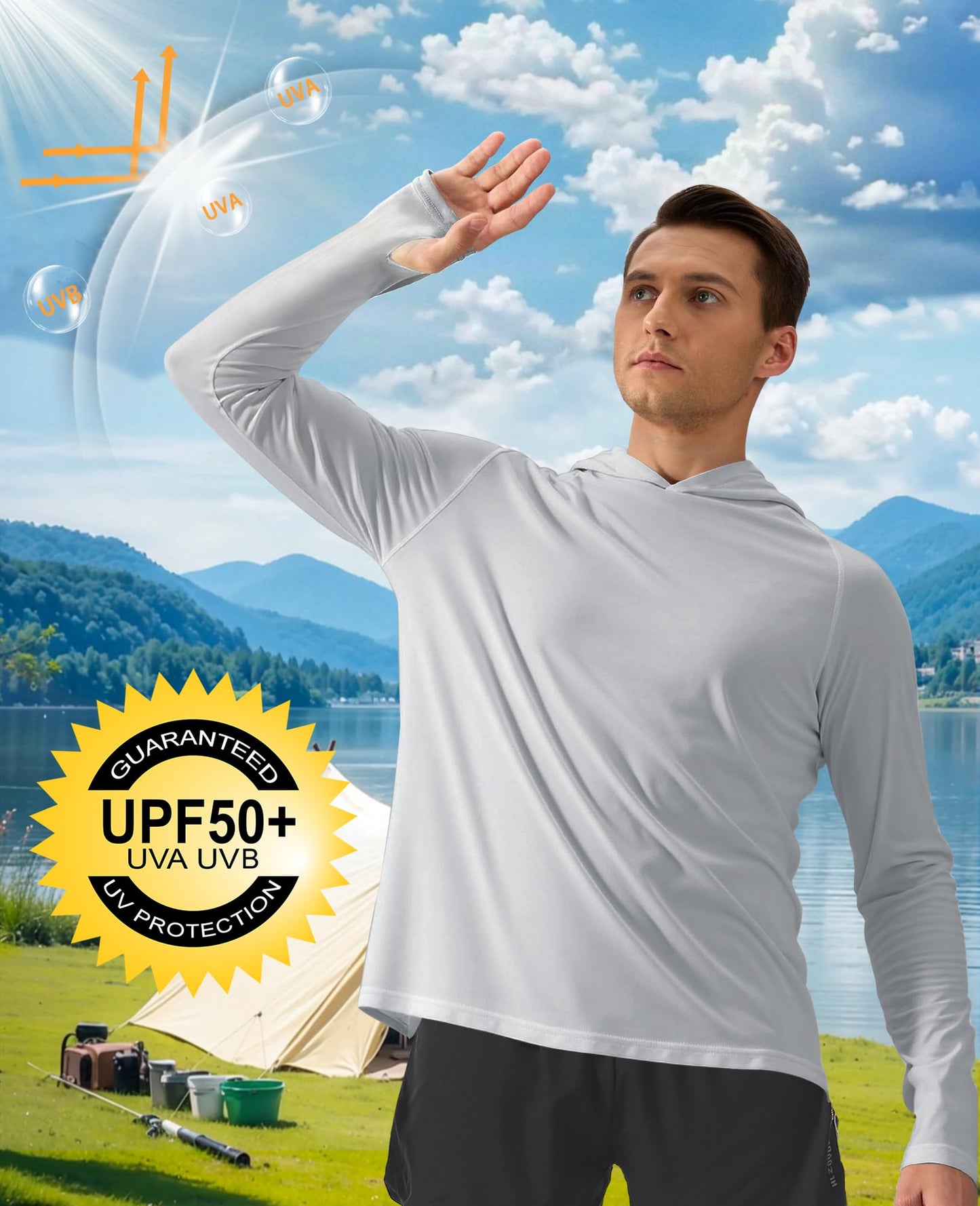 PLUMZJOY Men's UPF 50+ Sun Protection Long Sleeve Hoodie Shirt Outdoor UV Fishing Shirts for Workout, Running, Fishing, Hiking Light Grey L