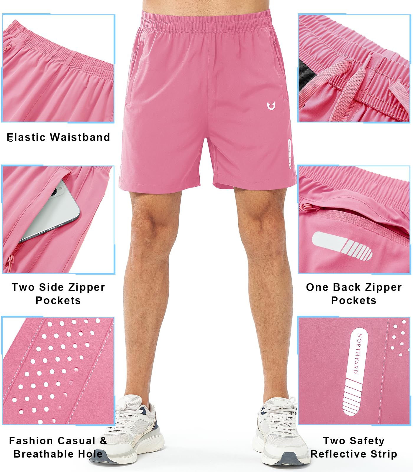 NORTHYARD Men's Athletic Running Shorts Gym Workout 7"/9"/5" Quick Dry Lightweight Sports Basketball Tennis 3 Zipper Pockets POWDERPINK-5inch L