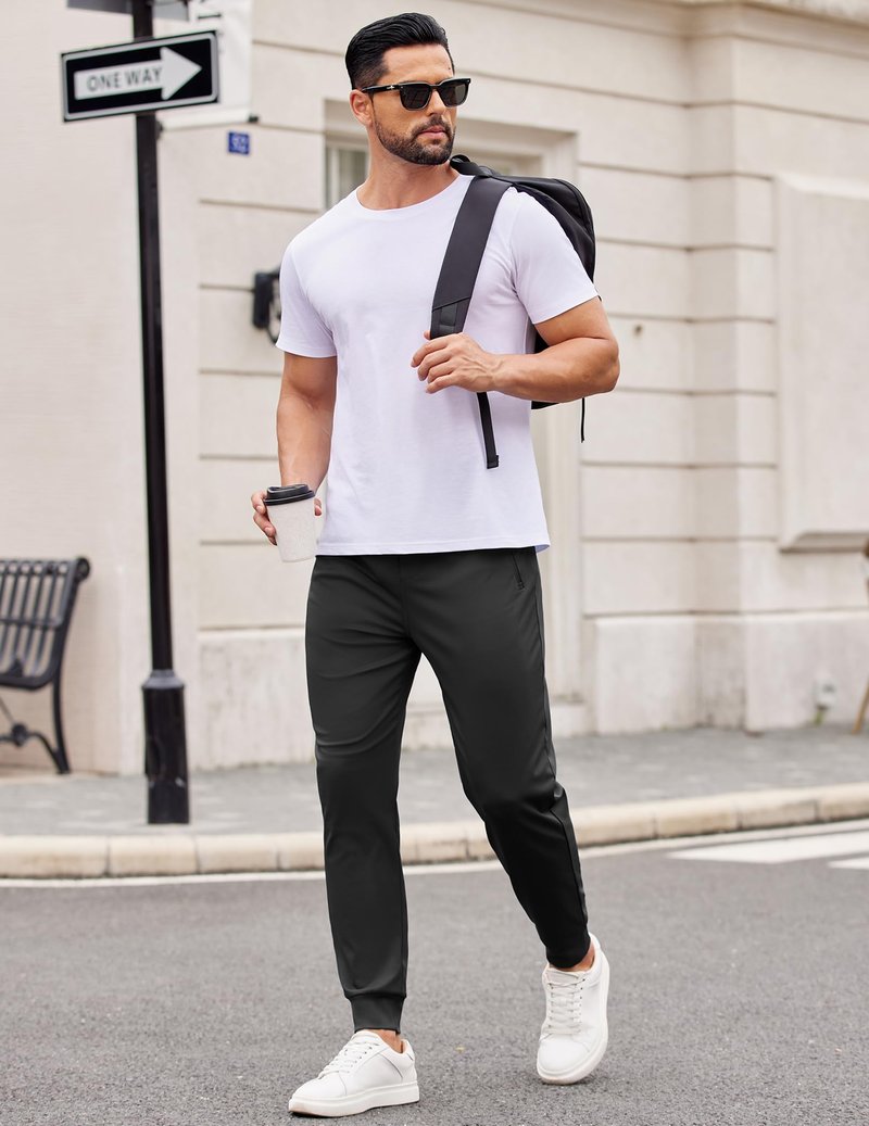 PINSPARK Men's Joggers with Zipper Pockets Stretch Lightweight Athletic Track Pants Gym Quick Dry Workout Pants for Men Black Medium