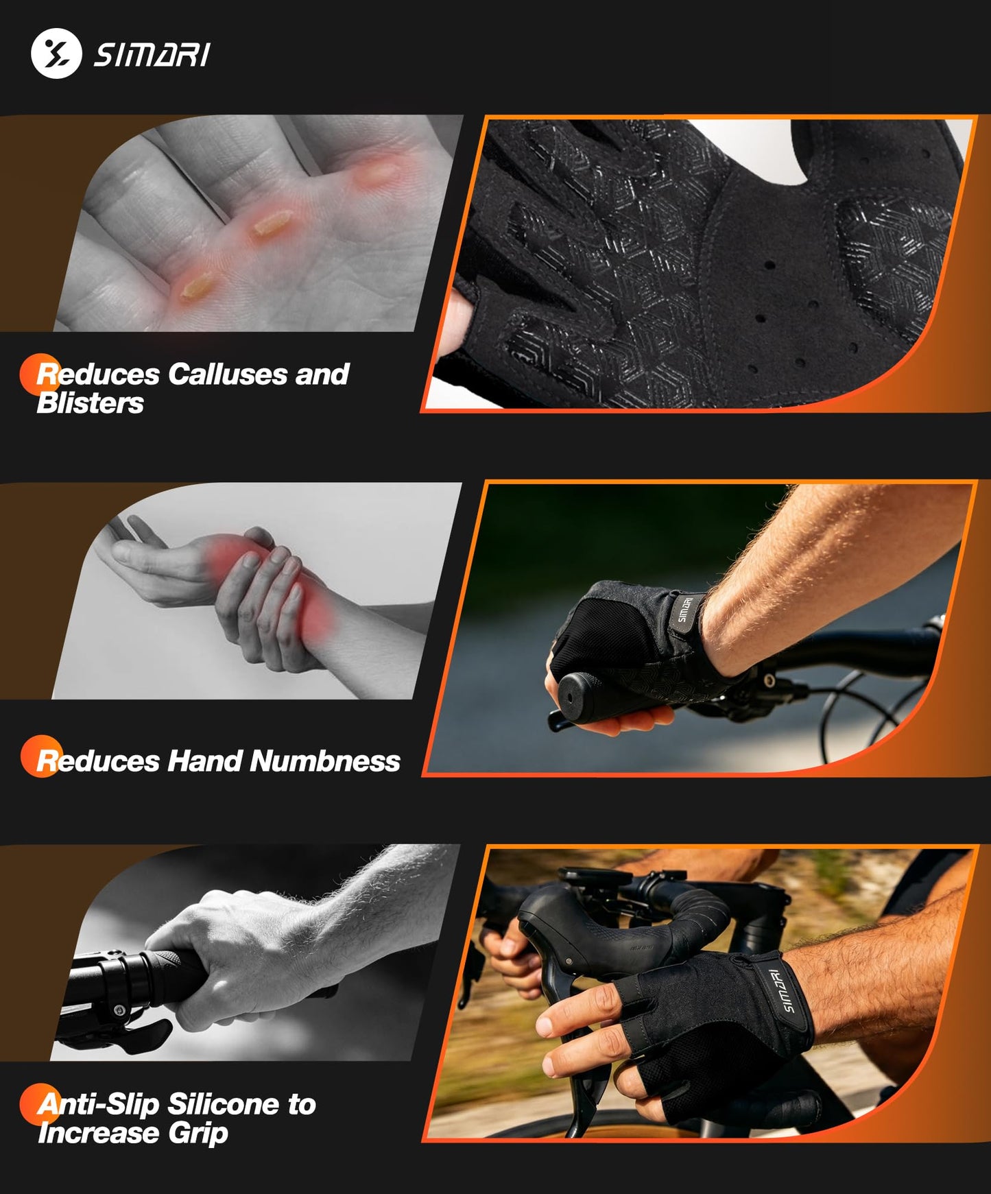 SIMARI Gel Pad Cycling Gloves with Cushion/Grip/Breathable, Workout Bike Gloves for Men Women Biking, Mountain Biking, Fitness, Gym Exercise, Weight Lifting Training, Yoga, Pilates (Black, L)