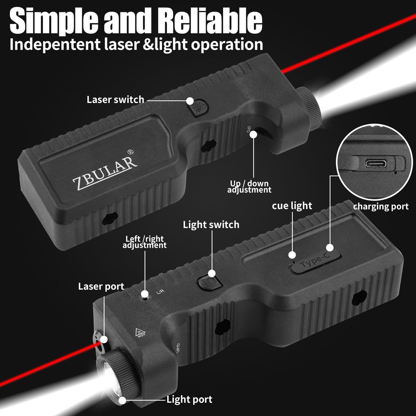 ZBULAR Strobe Function 1000 Lumens Light Laser Combo Compatible with M-Lok Rail Surface, Tactical Flashlight and Red Laser Sight for Rifle, USB-C Rechargeable IIIA Class Laser Power Output ≤5mW