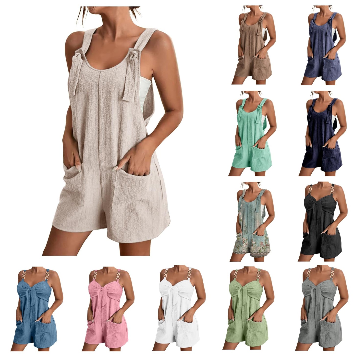 Generic Short Jumpsuits for Women Casual Jumpsuit for Women Casual Women Short Overalls 2 Piece Outfits for Women Shorts Romper Short Sleeve Summer Jumpers My Orders, Large, 01 Beige