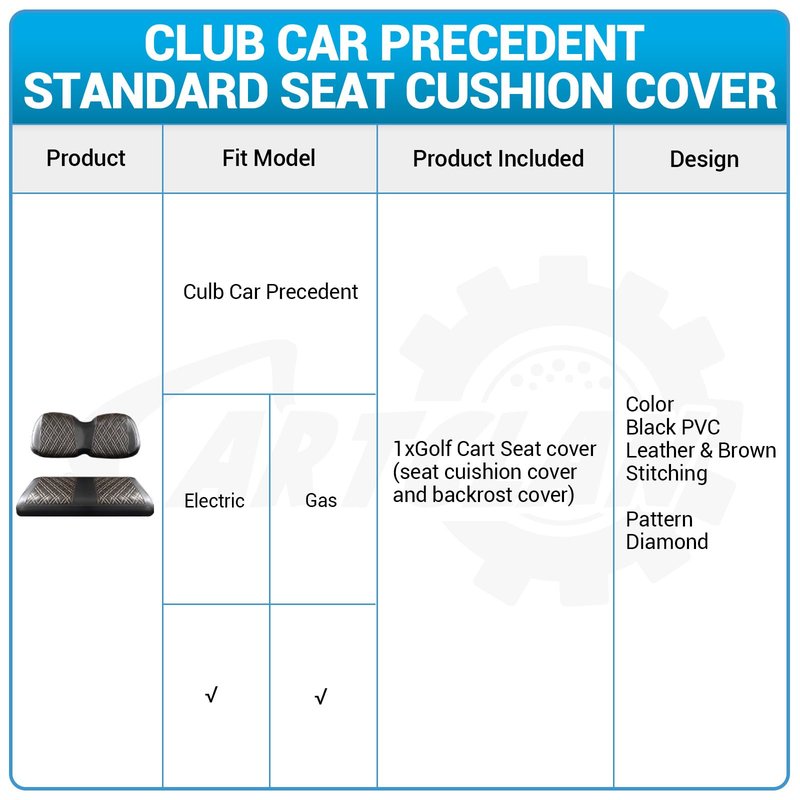 CartClan Golf Cart Seat Covers Suitable for Club Car Precedent Standard Front Seat Cushion, Golf Cart Front Seat Covers Kit No Drilling & Waterproof (Black PVC Leather & Brown Stitching)