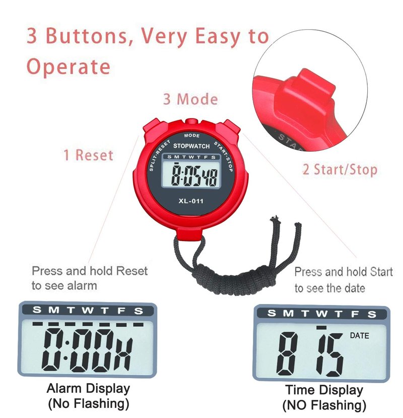 Digital Stopwatch, BESTWYA Large Screen Handheld Count Up Timer with Time Calendar Clock Function (C, Pack of 4)