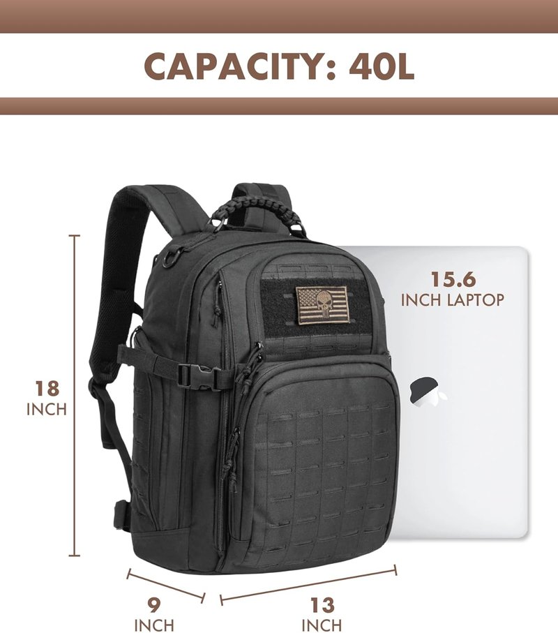 Military Tactical Backpack 40L - Lightweight Molle EDC Daypack for Hiking & Camping | Black