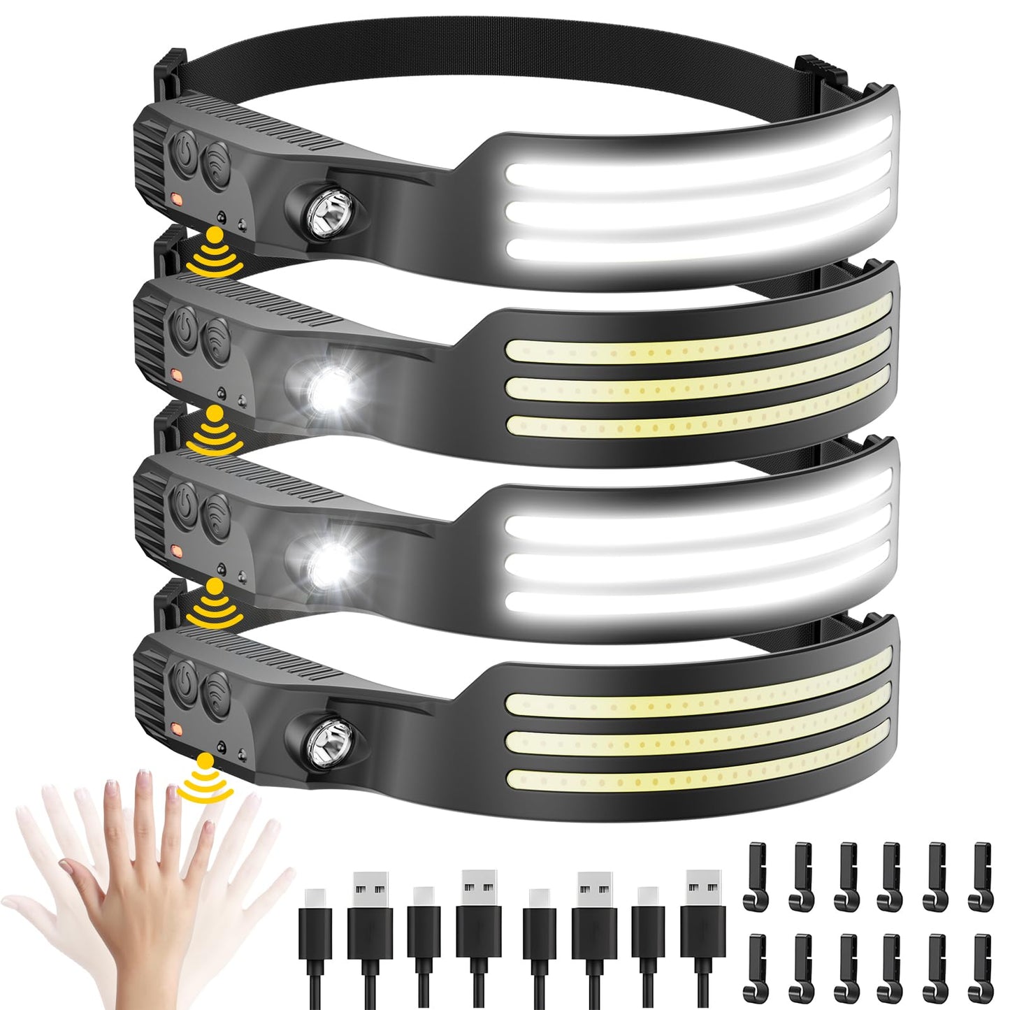 Eatelsin Headlamp Rechargeable 4PCS, Motion Sensor 230° COB Head Lamp, Headlights for Forehead, Hard hat Light for Adults, LED Headband Flashlight for Work, Hiking, Running, Camping Essentials Gear