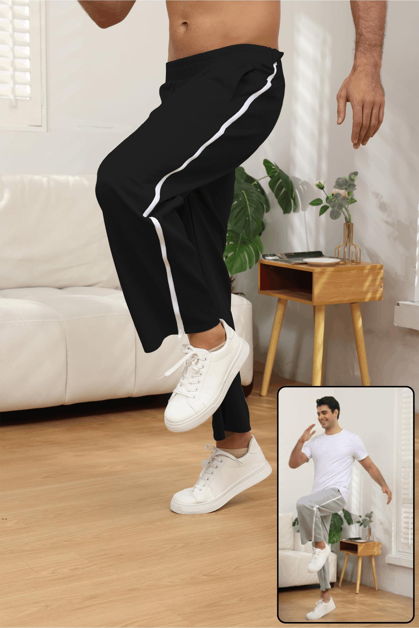 HORSSLE Men's Tear Away Pants 2 Side Full Zippers Legs Snap Off Sweatpants with Pockets for Post Knee Surgery Recovery Black