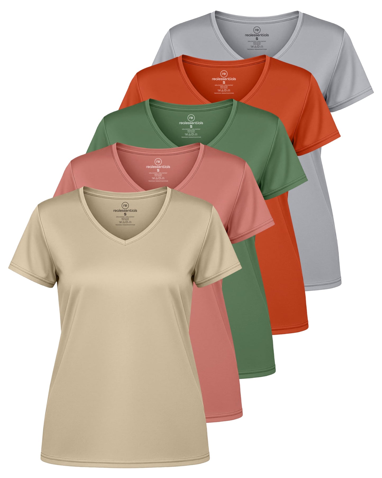 Real Essentials 5 Pack: Women's Dry-Fit Short Sleeve V Neck T Shirt Workout Fitness Yoga Top Tee, Set 12, XS