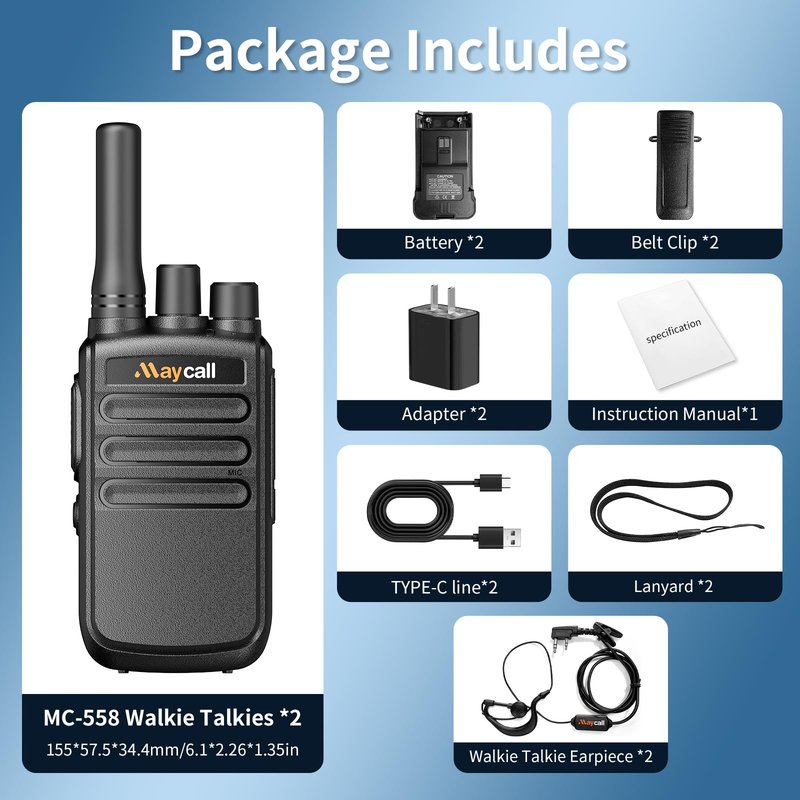 Maycall MC-558 2 Pack Walkie Talkies Two Way Radios for Adults with Earpieces 1200mAh One Click Frequency Matching Automatic Scanning HD Sound Quality for Cruise Hiking Hunting Skiing