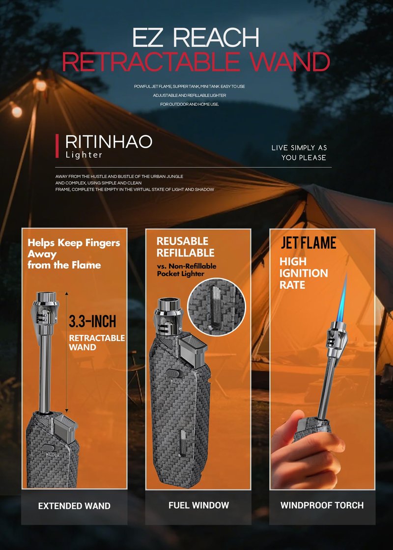 Long Torch Lighter with Extended Tip, Jet Flame Windproof Lighter Butane Refillable, 2 Pack Adjustable Butane Lighters for Candle Fireplace Camping BBQ Lighters Gift for Man Women (Without Fuel)