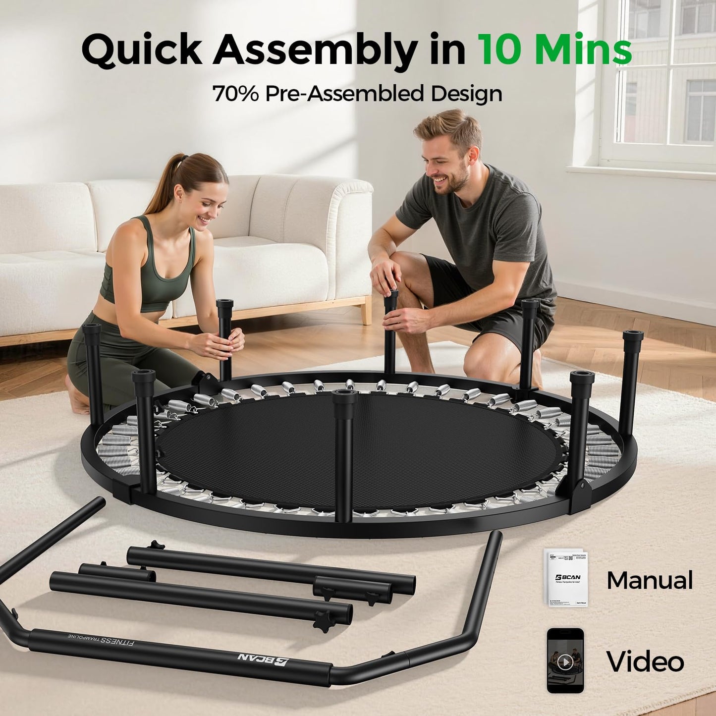 BCAN SP3 40"/48" Foldable Mini Trampoline, Rebounder Trampoline for Adults, U/T Adjustable Foam Handle, Exercise Rebounder for Adults Indoor/Garden Workout, Max Load 330lbs/440lbs-48U-Green