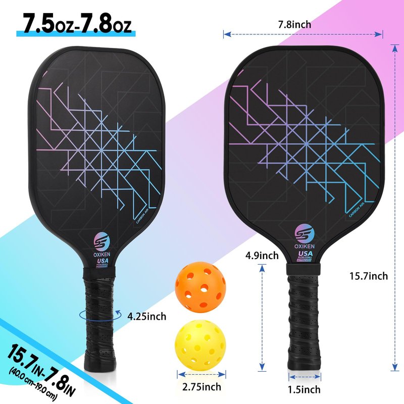SS OXIKEN Pickleball Paddles Set of 4, USAPA Approved Carbon Fiber Pickle Ball Paddle (CHS), Polypropylene Honeycomb Core, Anti Slip Sweat Absorbing Grip, 4 Replacement Soft Grip, 6 Pickleball, Bag