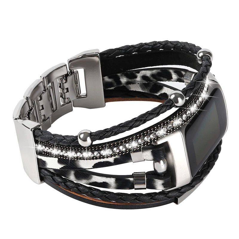 Leather Bands Compatible with Fitbit Charge 6/Charge 5 Bands for Women, Boho Handmade Multilayer Wrap Bracelets Jewelry Strap Replacement for Charge 6/Charge 5 Fitness Tracker (Black White)