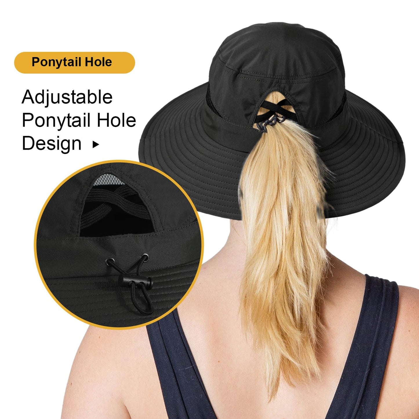 Bucket Sun Hat for Women Wide Brim Breathable Mesh UPF50+ Safari Hat Criss Cross Ponytail Hole Outdoor Rain Hat Black