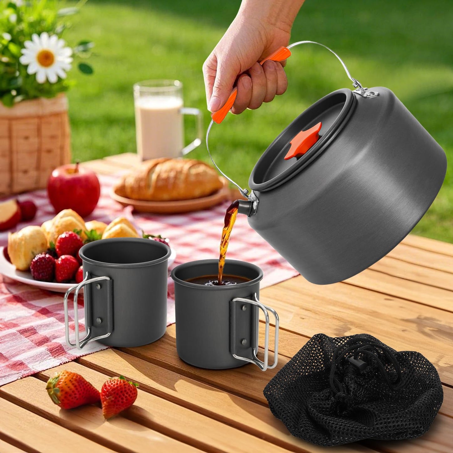 Nagpew 3 Pieces Camping Kettle, 2.5L Portable Camping Water Boiler with Storage Bag and 2 Cups, Coffee Tea Pot Set for Open Fire, Outdoor Activity, Stove, Hiking, Backpacking