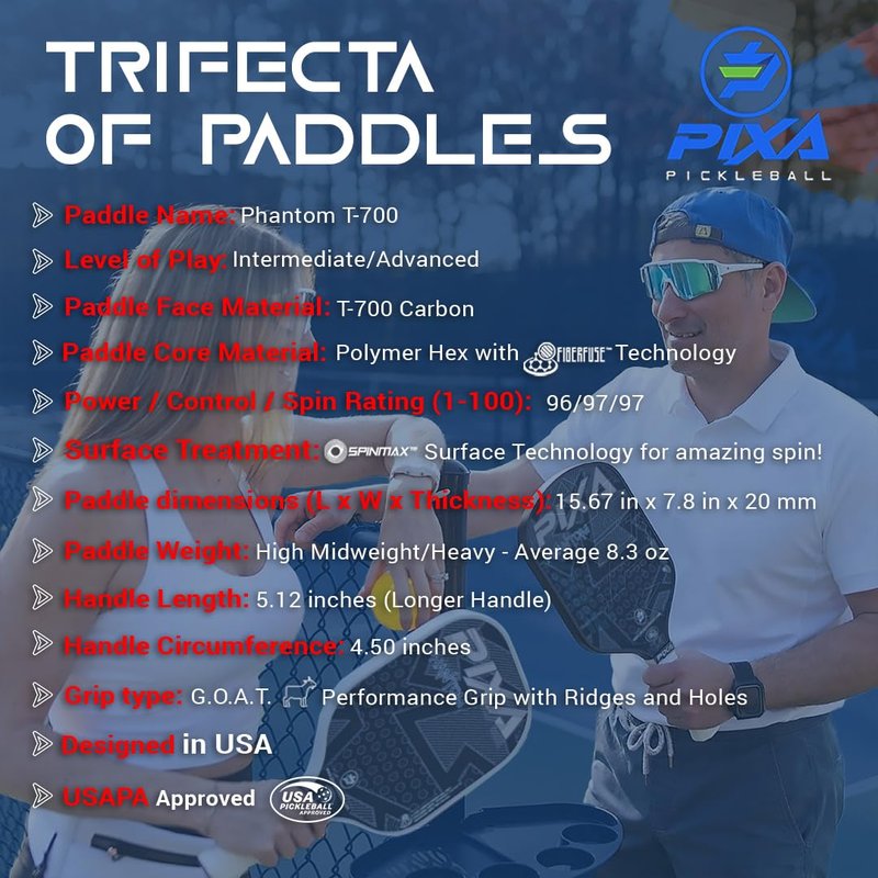 PIXA Phantom T-700 RAW Carbon FACE Pickleball Paddle; 20mm; Intermediate/Advanced; MAX Power, Control, and Spin; 5.12 INCH Handle; Great Gift!