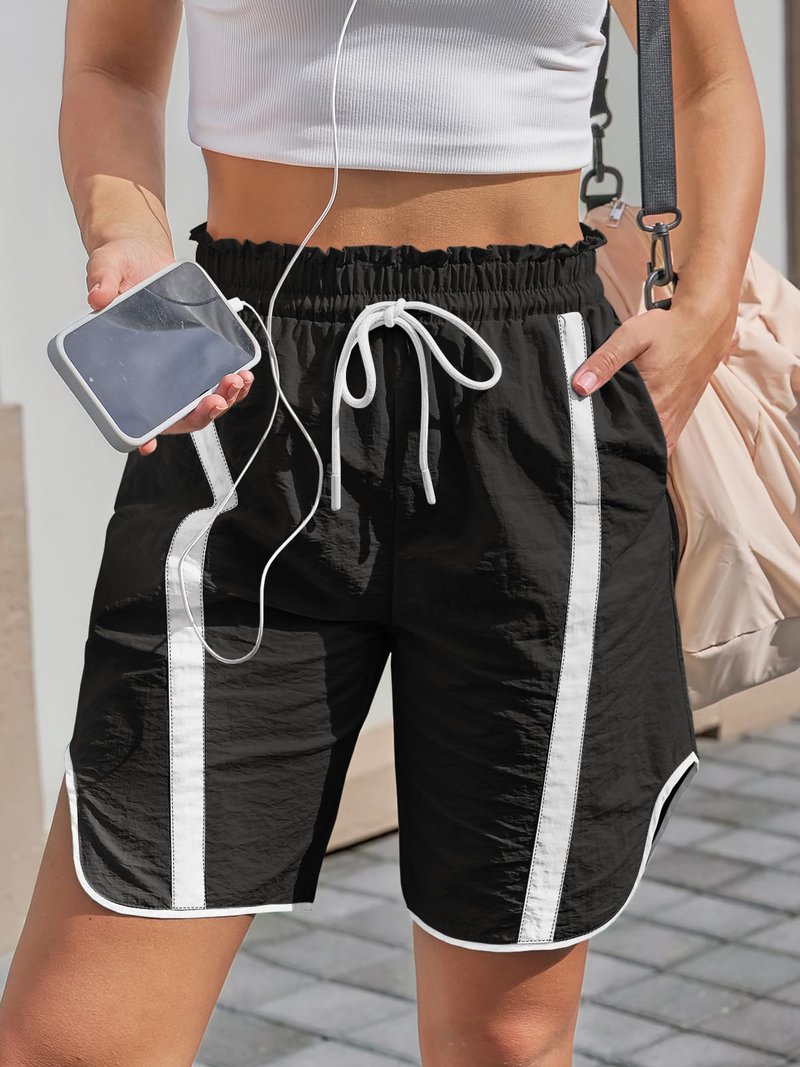 Fisoew Womens Baggy Cargo Shorts Casual Wide Leg Knee Length Drawstring Elastic Waist Workout Running Athletic Yoga Shorts Black
