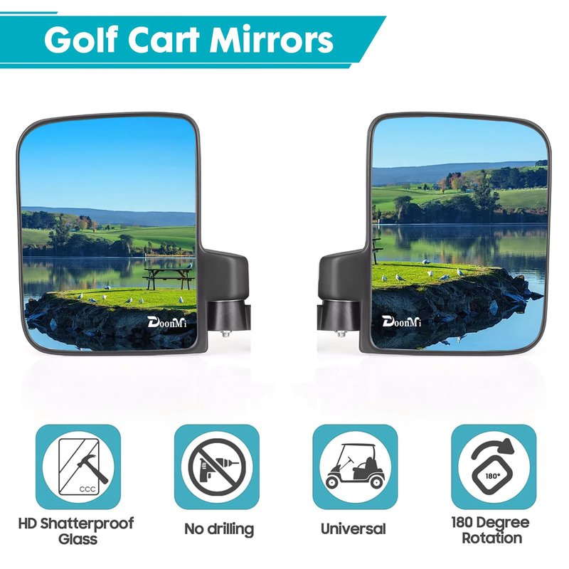 DoonMi Golf Cart Mirror No-drilling Side Rear View Mirror Compatible Universal for Yamaha, Club Car, EZGO,180 Degree HD Glass