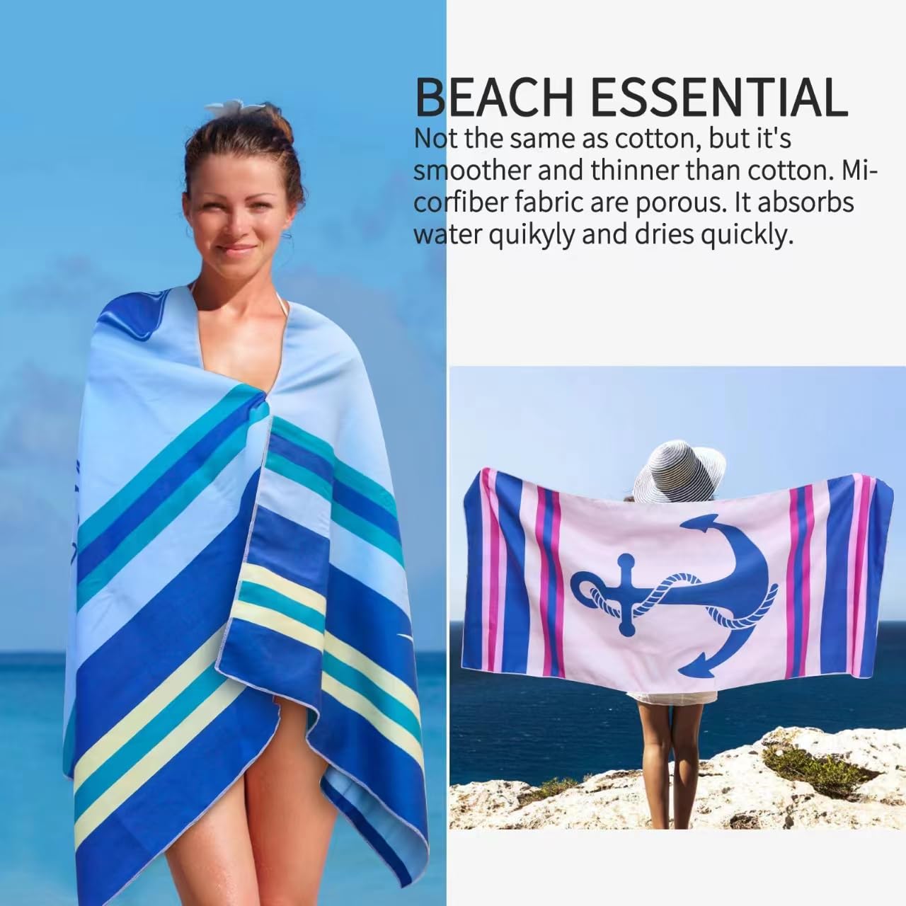 2 Pack Microfiber Oversized Lightweight Beach Towel for Adults Women Men, Reversible 71" x 32" XL Extra Large Thin Quick Dry Sand Free Pool Towels for Travel Sport Swimming Camping Picnic Yoga Gym