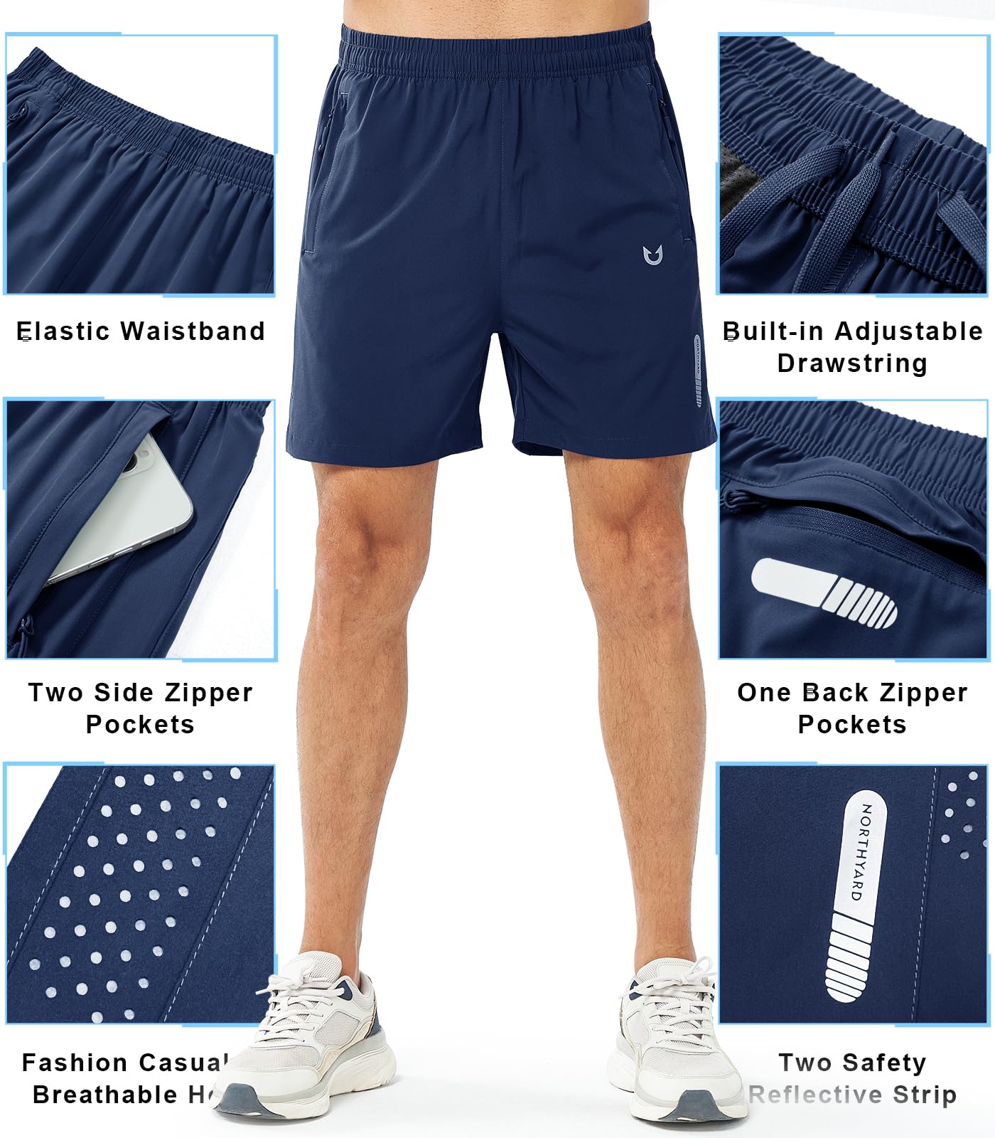 NORTHYARD Men's Athletic Running Shorts Gym Workout 7"/9"/5" Quick Dry Lightweight Sports Basketball Tennis 3 Zipper Pockets DARKBLUE-5inch 2XL