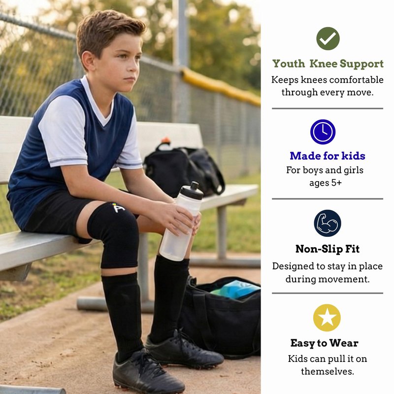 ARVONNE Kids Knee Brace Sleeve – Youth Knee Compression Support for Children | Knee Pain Relief & Sports Use – Boys & Girls Sizes for Basketball, Gymnastics, & Everyday Wear (1, Black, Small)