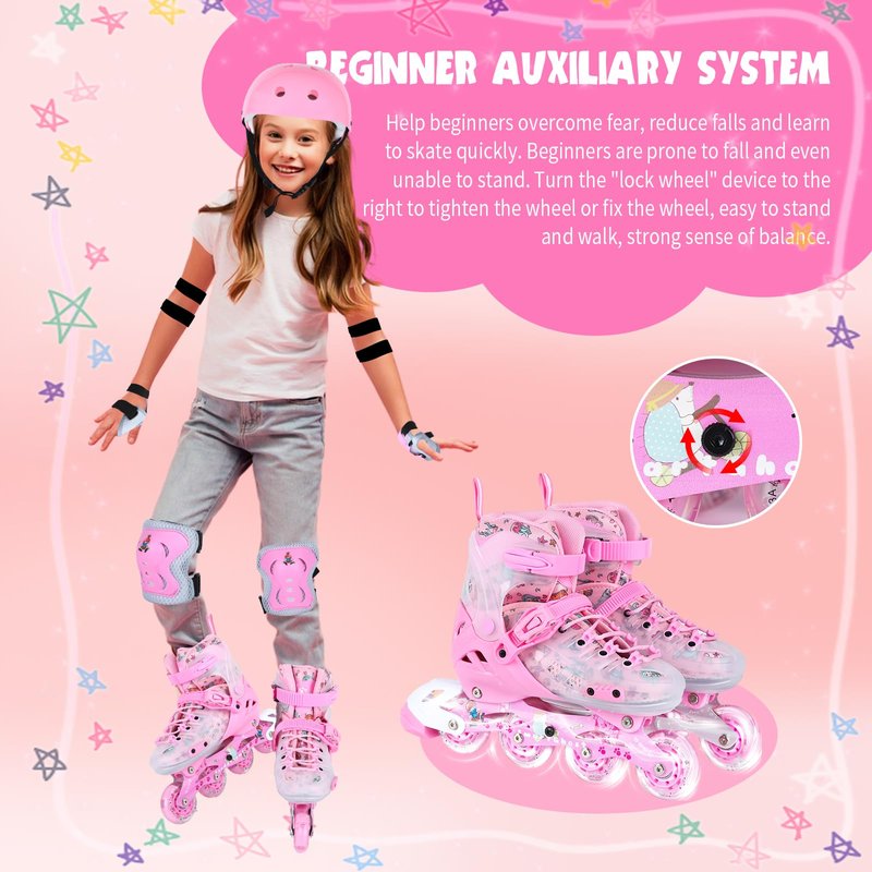 VEZLOPUS Inline Skates, Adjustable Children Inline Skates with Light up Wheels for Kids, Girls, Boys, Teens, Beginner & Advance | with Protective Gears and Carry Bag (Pink)