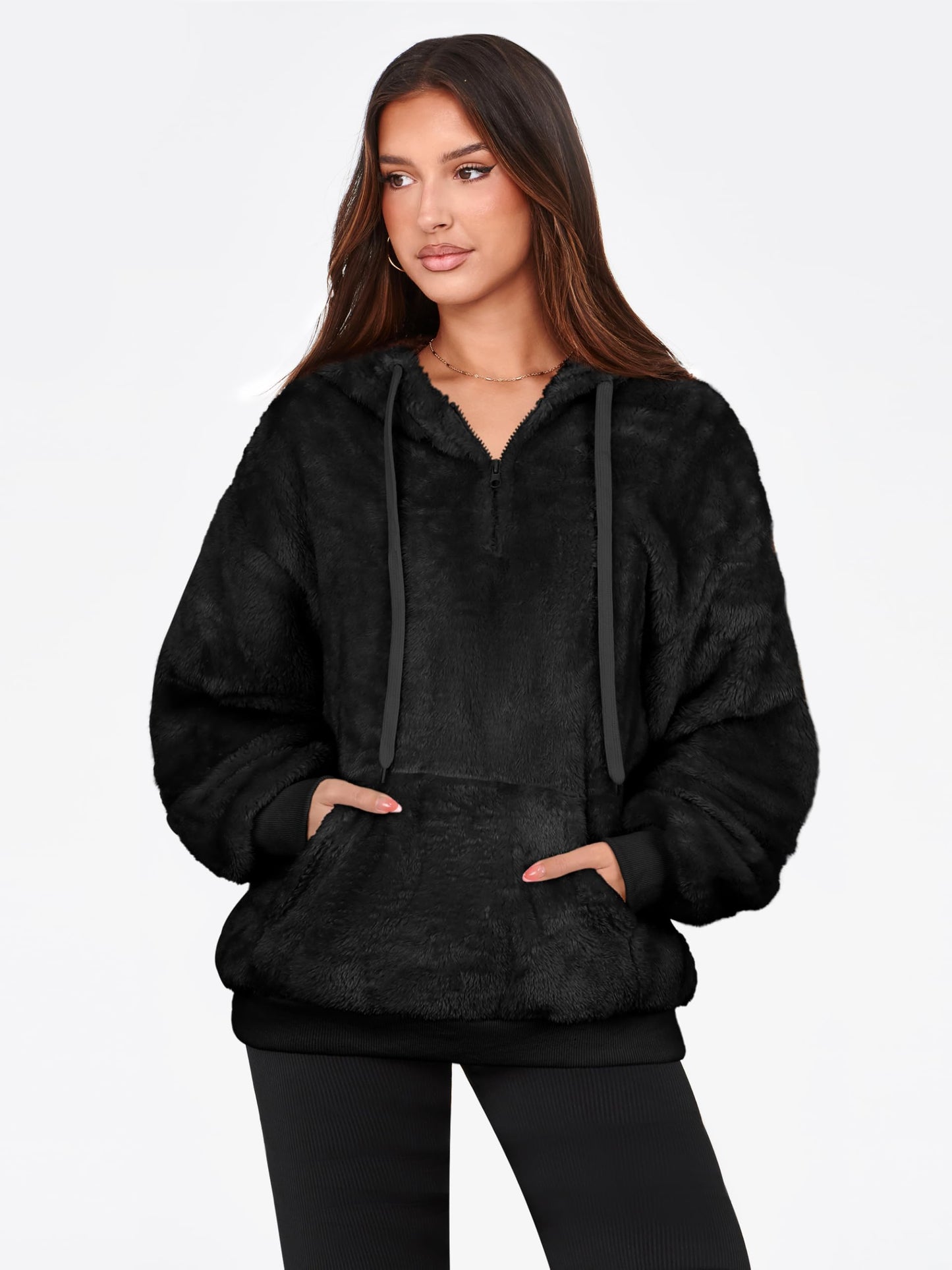 NIeyook Sherpa Fleece Hoodies for Women Fuzzy Oversized Zip up Hoodie with Pockets Casual Pullover Hooded Sweatshirt Black