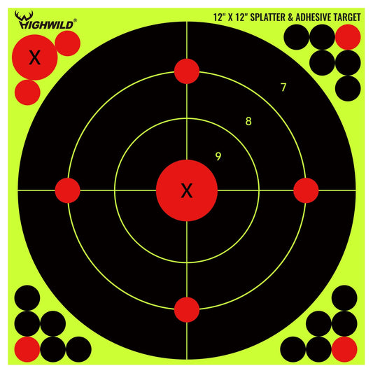 Highwild 12X12 Inch Splatter Adhesive Bullseye Fluorescent Yellow Shooting Target Stickers - Suitable for Handguns, Rifles, BB Guns, Airsoft, Pellet Guns - 25 Pack