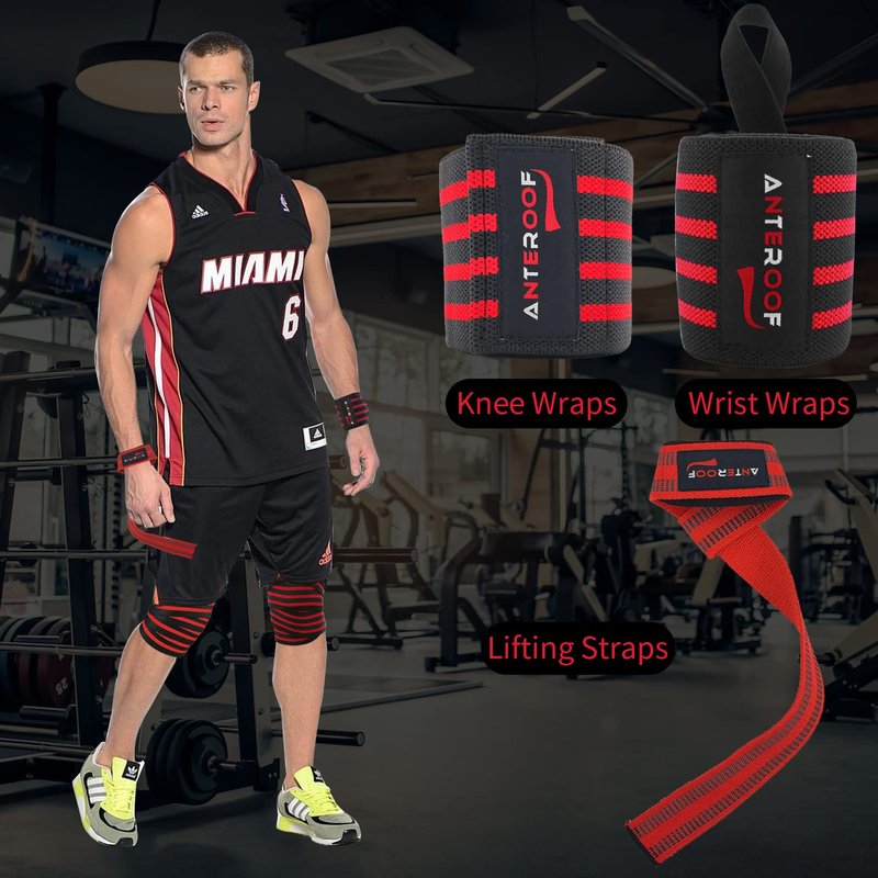 Knee Wraps + Wrist Wraps + Weight Lifting Straps Bundle (3 Pairs) for Weightlifting Bodybuilding Strength Training Workout Gym, Fitness Protective Set for Men & Women(Red)