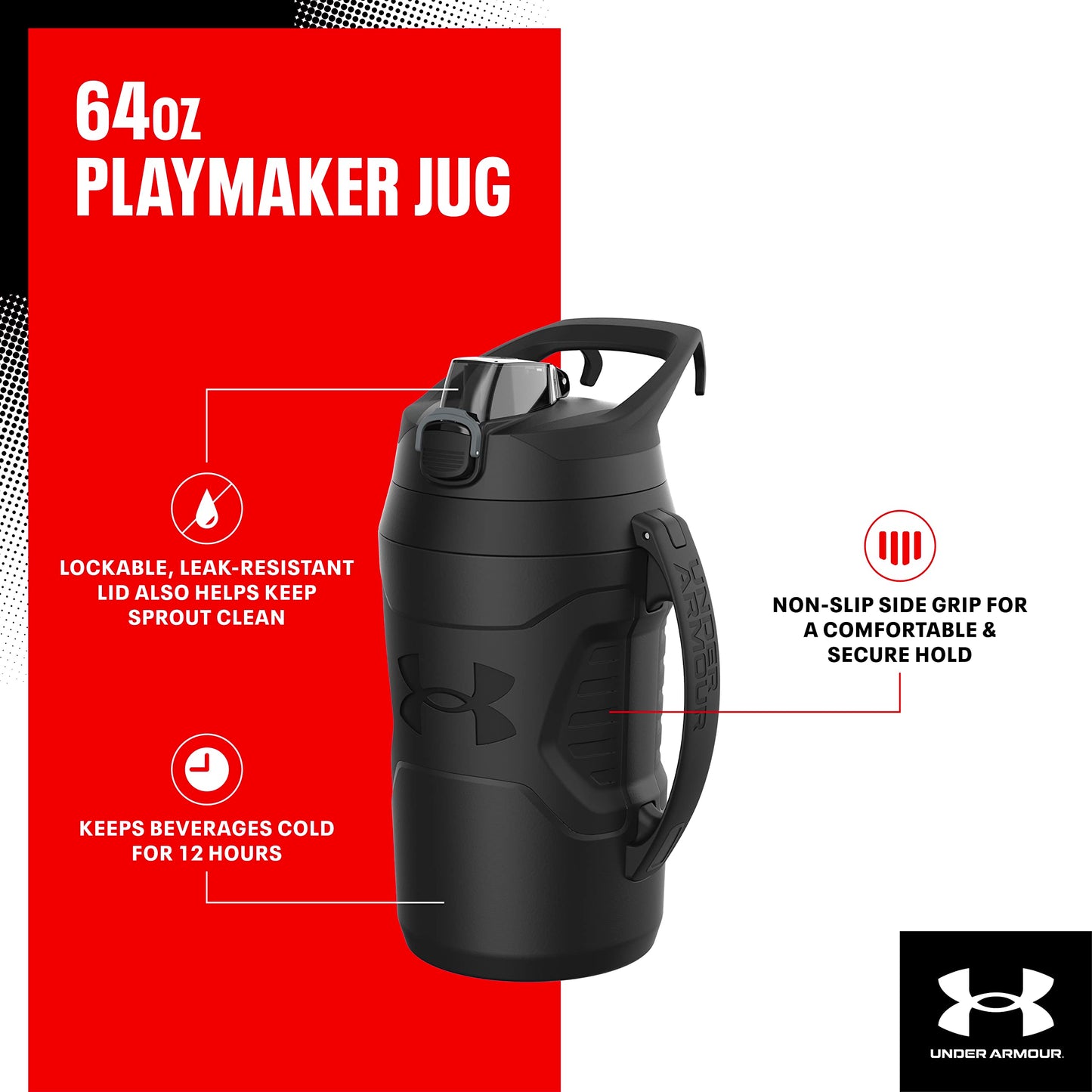 Under Armour Half Gallon Water Bottle Insulated, 64oz Insulated Water Bottle with Handle, Sports Water Jug, Fence Hook, Leak Resistant, for Baseball, Football & More