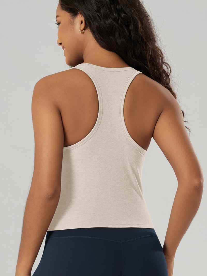 ODODOS Performance Racerback Crop Tank with Built-in Bra for Women, Ultra Soft odSTRATUM Tech, Light Support Workout Yoga Bra, Ecru Heather, Medium