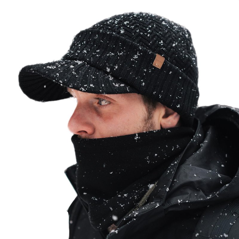 TOP-EX DryKnit™ Waterproof Merino Wool Visor Beanie with Brim & Fleece Neck Warmer Set – Warm Winter Knit Hat for Men & Women Cold Weather Ski Hiking Golf Black M/L