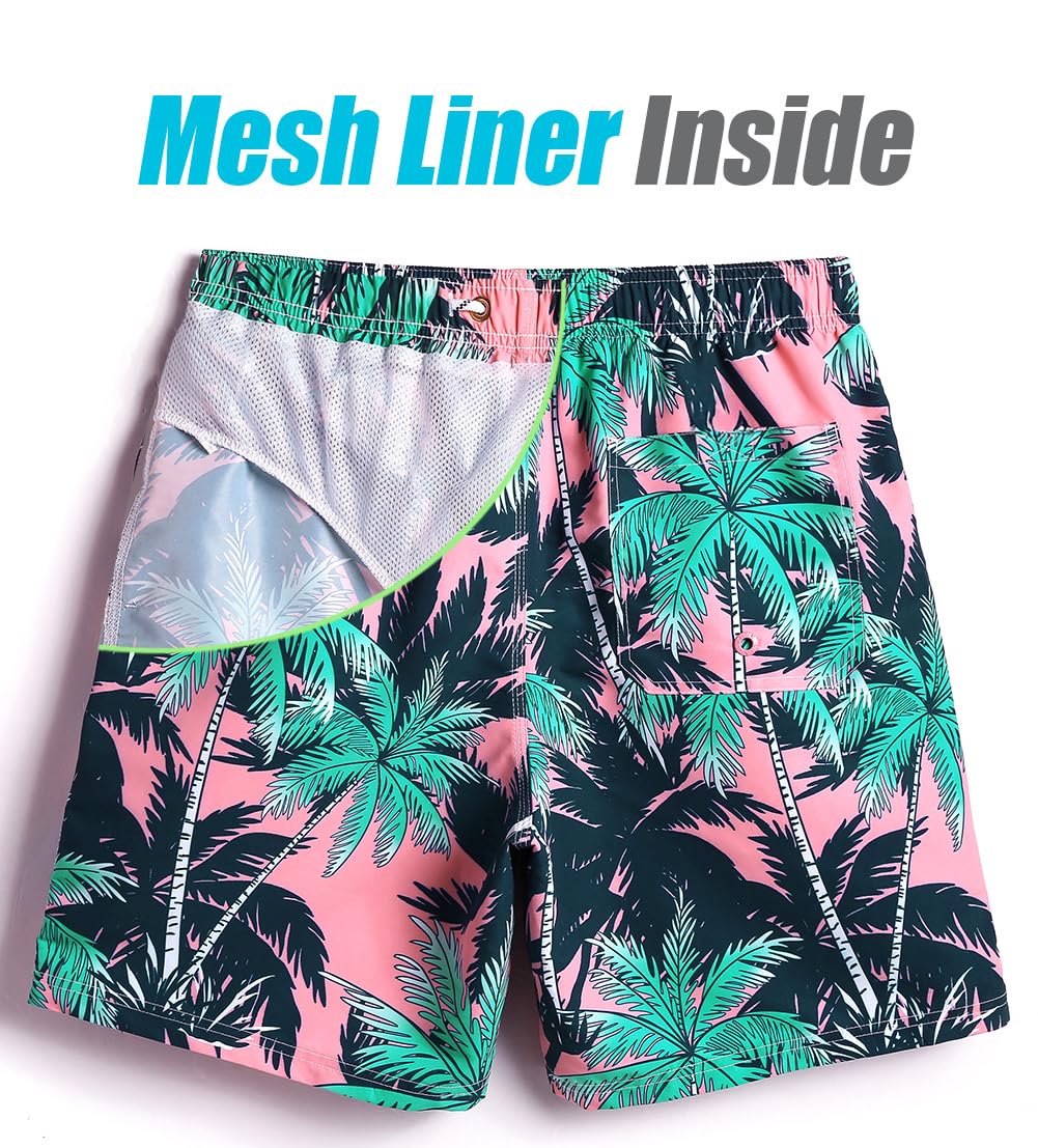 maamgic Mens Swim Trunks Quick Dry Swim Shorts with Mesh Lining Funny Swimwear Bathing Suits 7inch Pink Tree Large