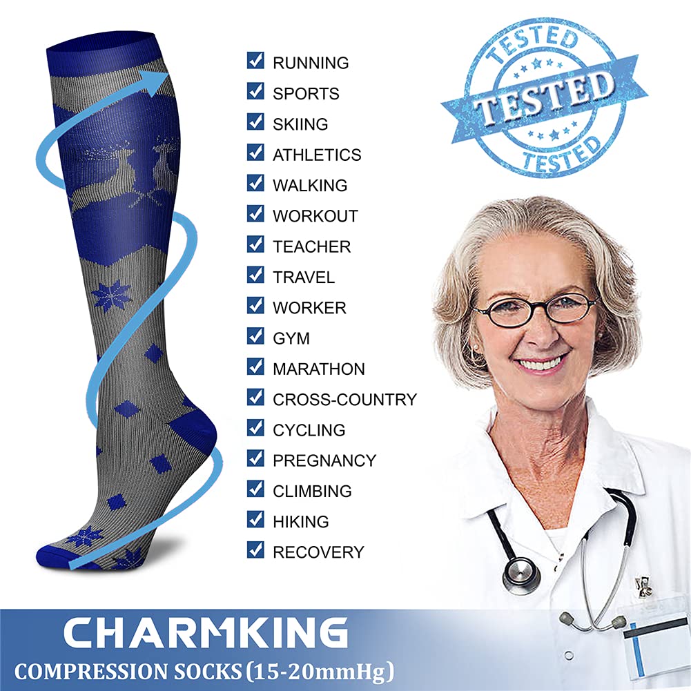 CHARMKING Compression Socks for Women & Men (8 Pairs) 15-20 mmHg Graduated Copper Support Calf Socks are Best for Pregnant, Nurses - Boost Performance, Circulation, Knee High Wide Calf(S/M, Multi 17)