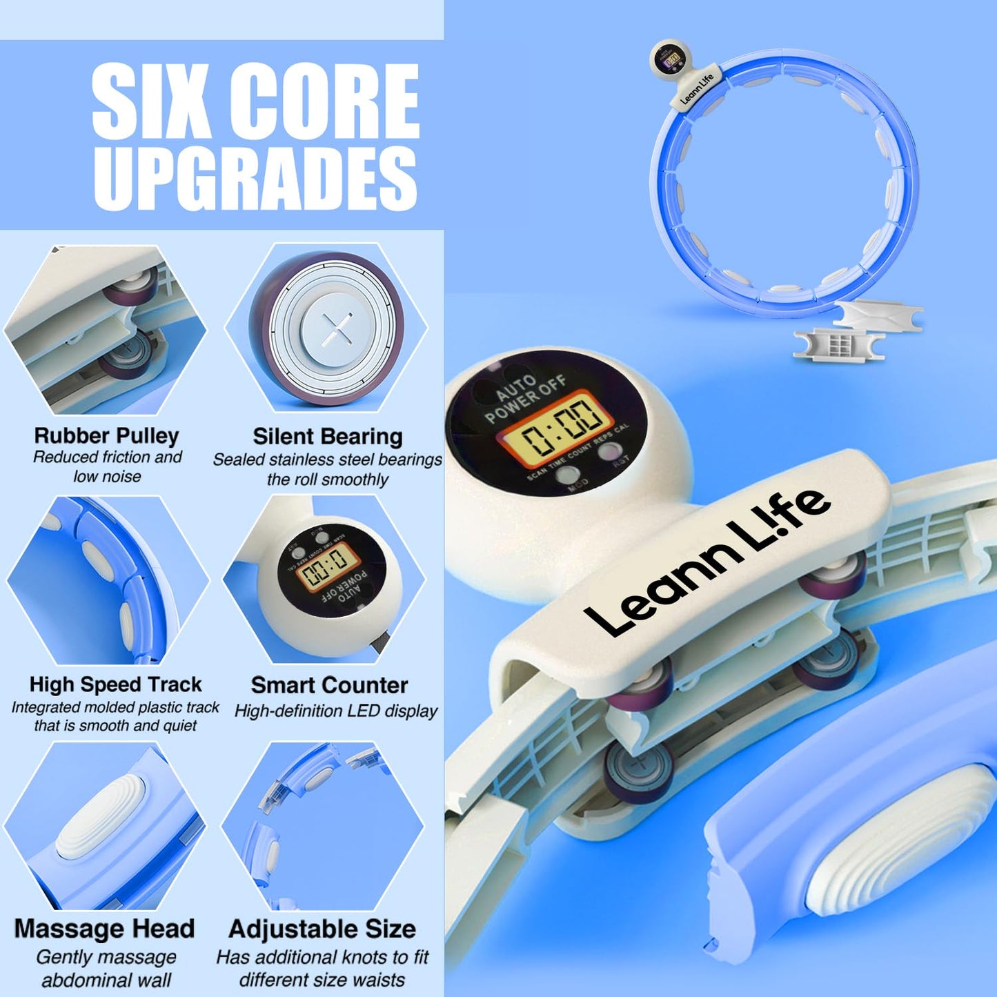 Leann L!fe U5-16 Knots 28”- 46”Counter, Waist Trimmer & Wash Bag, Upgraded Quiet Smart Weighted Hula Hoop for Adults Weight Loss, Infinity Hoop Plus Size, Fitness Exercise, Abdominal Toner, Blue