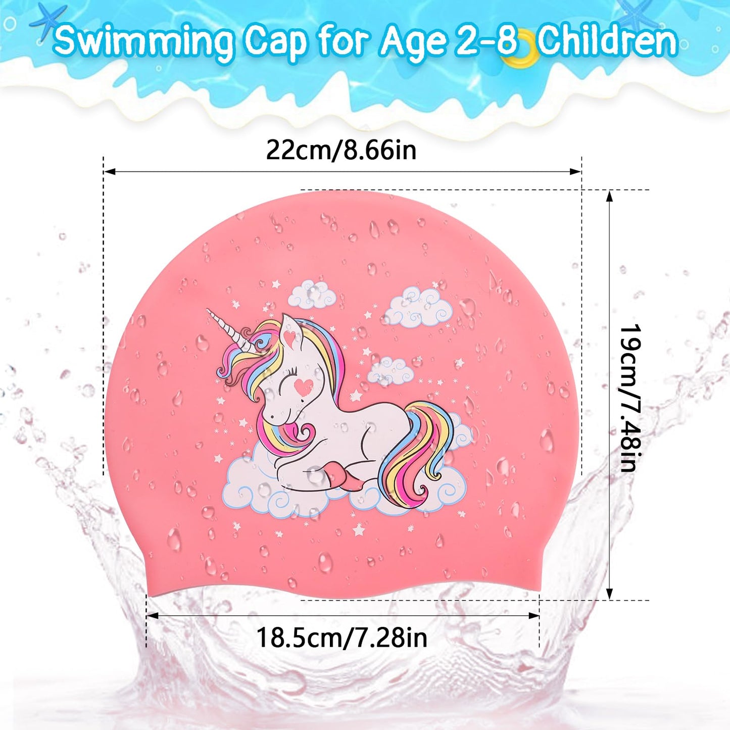 Waslary 3Pcs Silicone Waterproof Swim Caps for Kids, Cute Cartoon Swimming Caps Bathing Hats for Long Short Hair, Gifts for Girls Boys Children Toddler