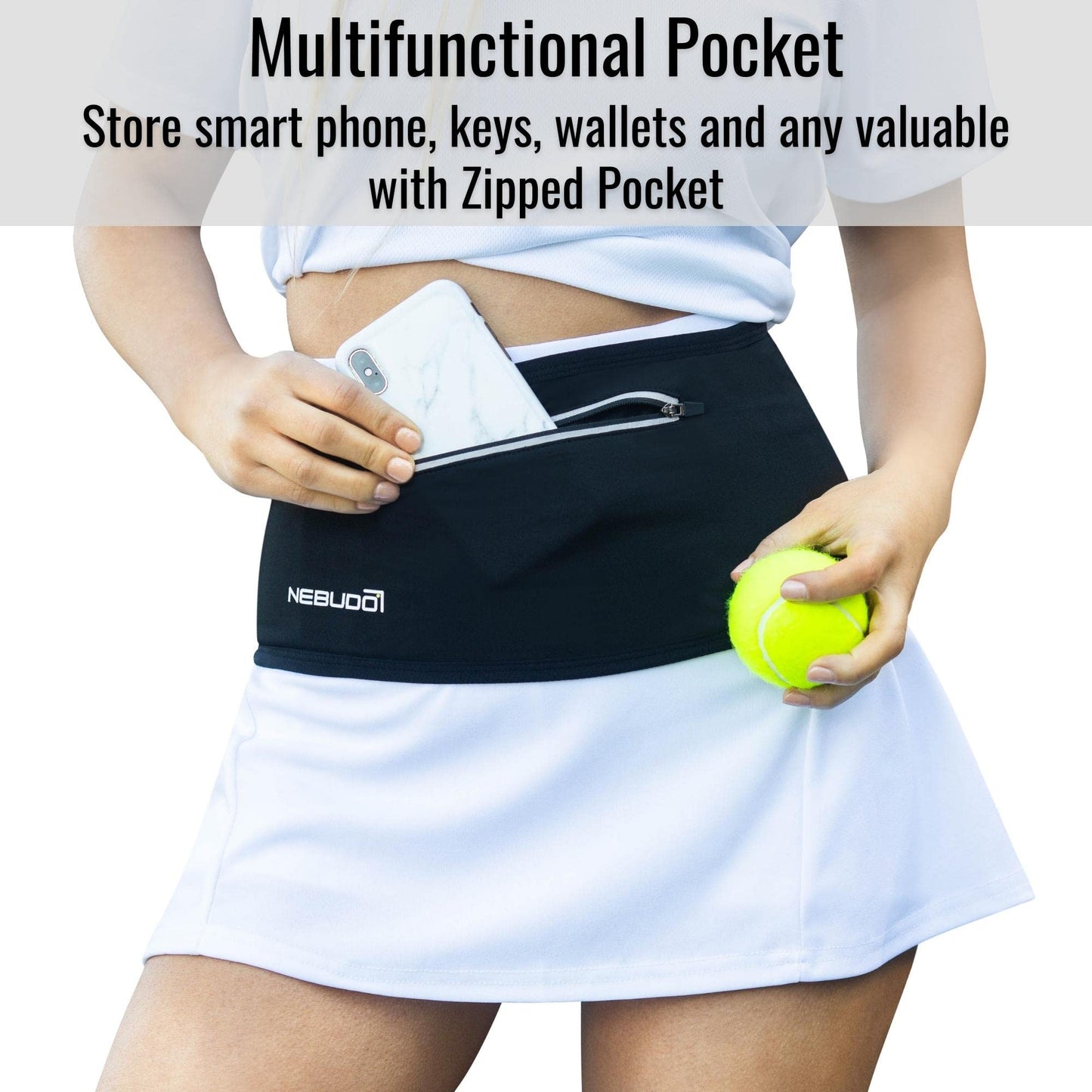 Nebudo Tennis Ball Band Holder Pickleball Tennis Balls Pickleballs Holding Accessory for Women Skirt Men Waist Hip Bags Accessories (S: 29"-32" Flexible Waist)