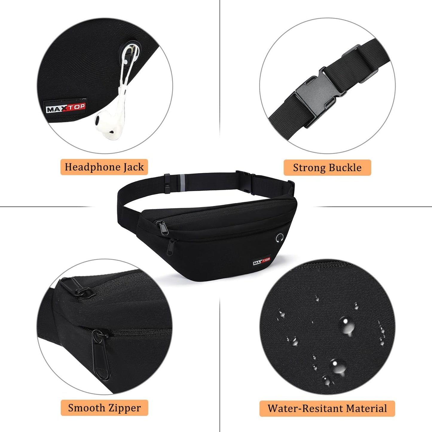 MAXTOP Large Black Fanny Pack - Versatile Crossbody Waist Bag for Hiking, Cycling & Travel | Adjustable Strap