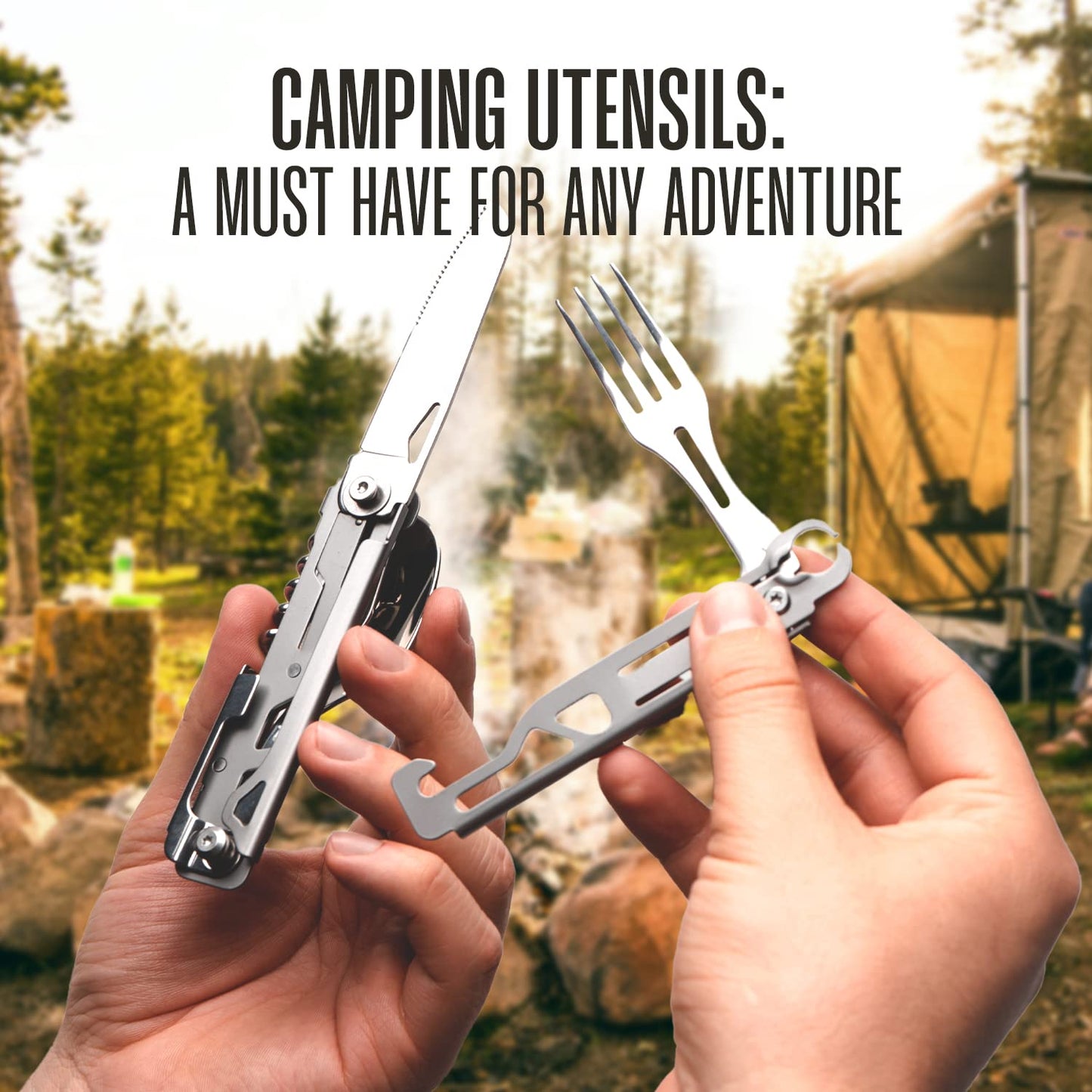 Camping Utensils - 4 In 1 Stainless Steel, Safety Locking Camping Accessories with Durable Sheath - Compact Multi Tool For Camping With Knive, Spoon, Fork, Bottle Opener by Hayvenhurst