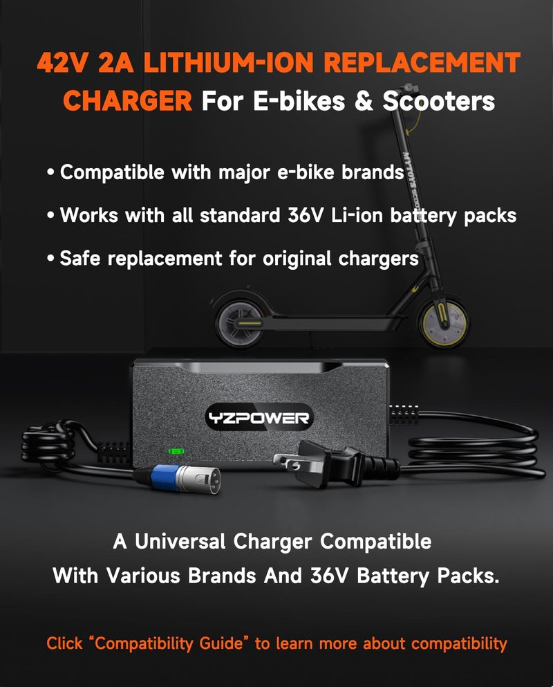 YZPOWER 36V Lithium Battery Charger 42V 2A Fast Charger with Turbo Cooling Fan - Overheat Protection, 3-Pin XLR Connector for Electric Bike/Scooter/E-Scooter for Mini Dirt 650 Battery