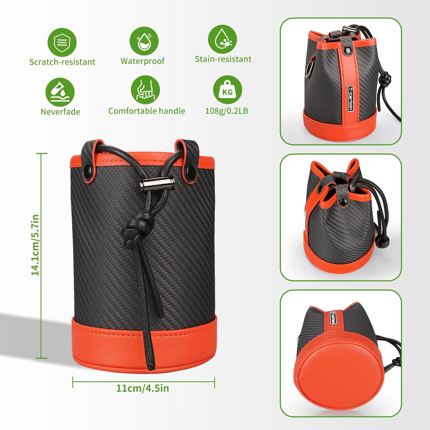 T-carbon Travel Gear Professional Valuables Golf Pouch;Bucket Waist Design Bag with Drawstrings;Carbon Fiber and Leather Golf Tee Bag for Glofers Men Women Very Practical Orange