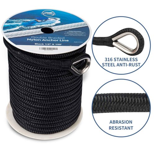 Double Braided Nylon Anchor Line with Stainless Thimble (Black, 1/2-Inch x 150-Feet)