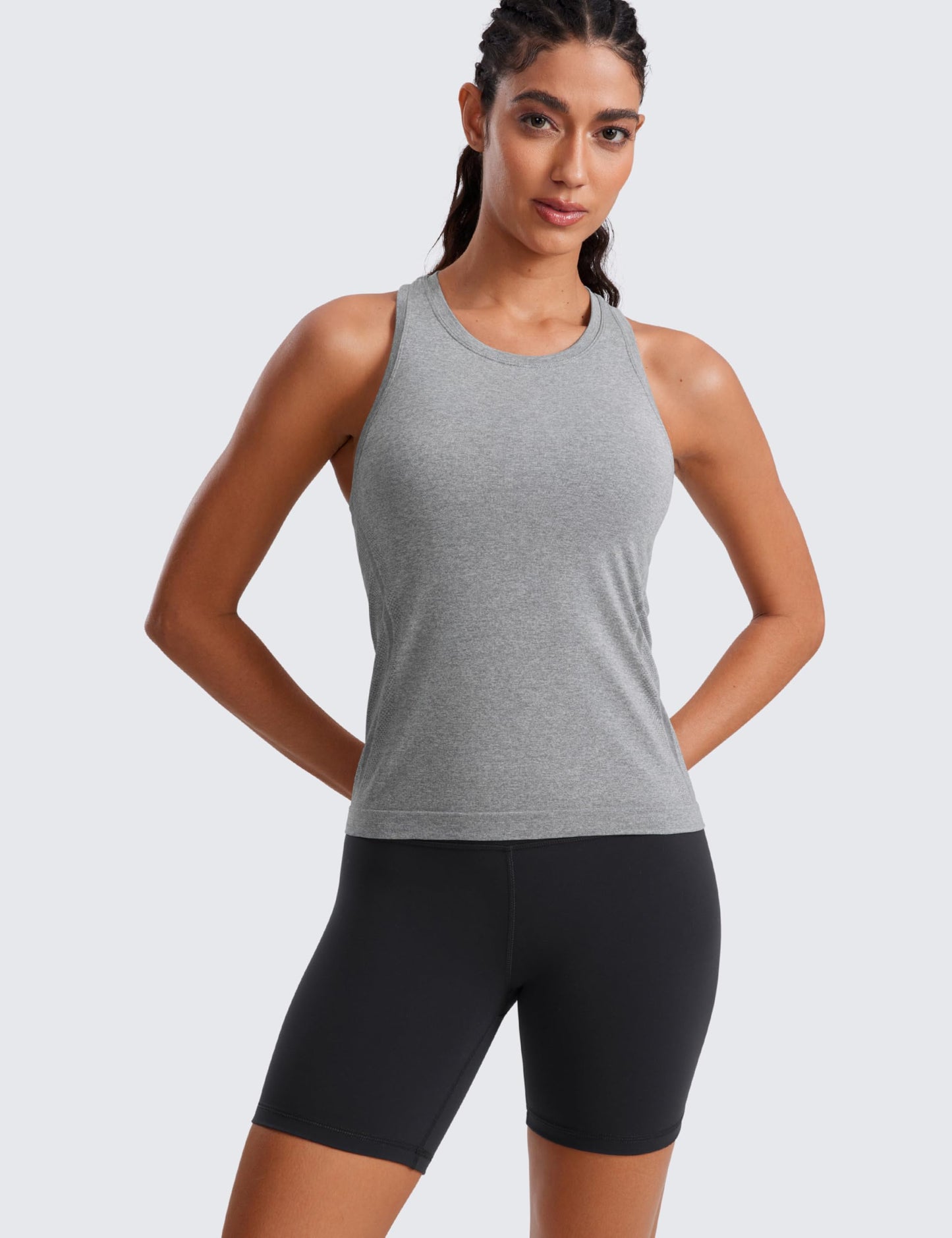 CRZ YOGA Seamless Workout Tank Tops for Women - Athletic Running Gym Sleeveless Shirts Crewneck Racerback Breathable Slate Grey Marl X-Small