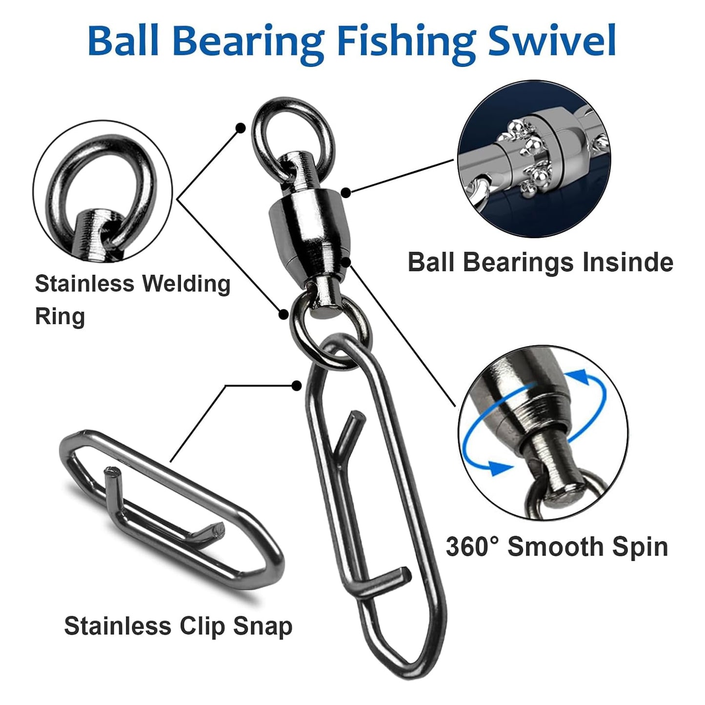 AMYSPORTS High Strength Snap Swivels Stainless Bearing Rolling Fishing Swivel Freshwater Snap Swivels Fishing Clip Steel Black Nickel, 25pcs, 177lbs