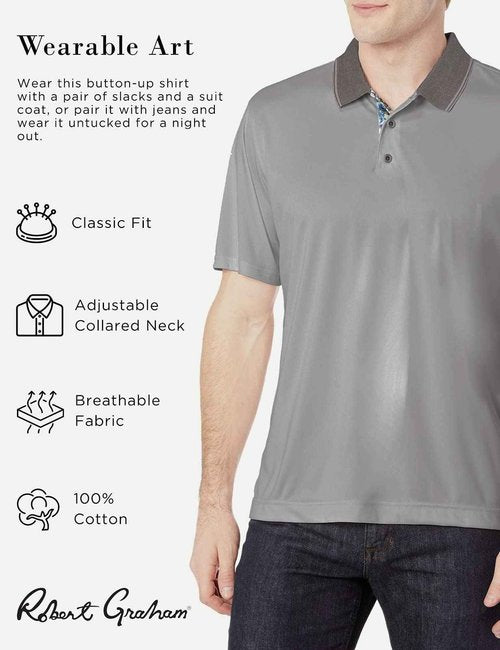 Robert Graham Men’s Ace Short-Sleeve Knit Shirt, Pull-On Polo for Men, Large, Medium Grey
