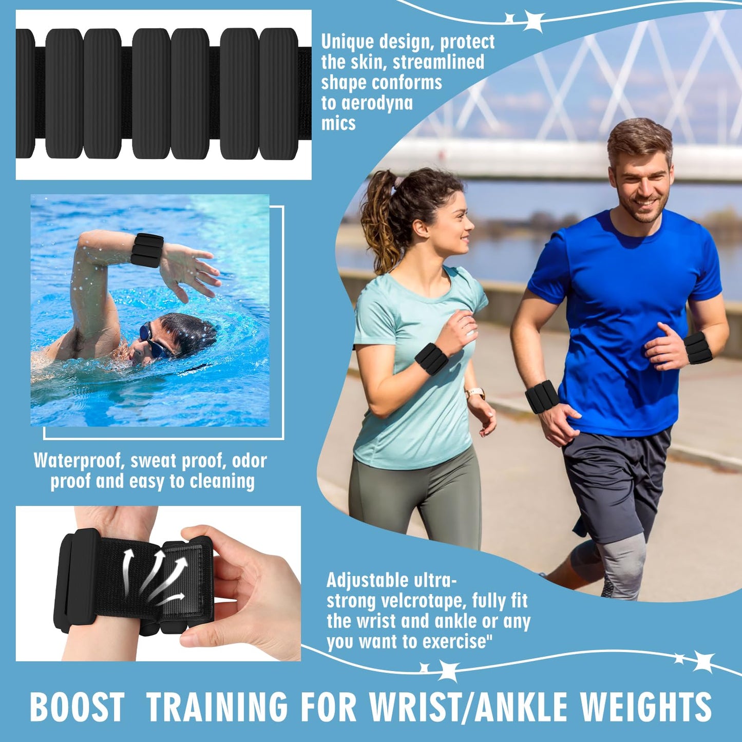 Wrist Weights Set of 2(1Lbs Each), Wearable Wrist Ankle Weights for Women & Men, Adjustable Arm & Leg Weights for Walking, Yoga, Swimming, Gym (Black)