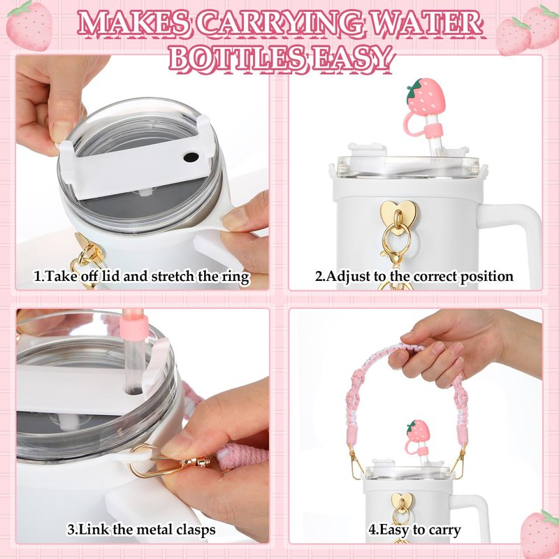 Domensi 6 Pcs Pink Strawberry Accessories Set Compatible with Cup, Pink Water Bottle Handle Strap Tumbler Silicone Straw Cover Charm Strawberry Plush Keychain Gift Decoration