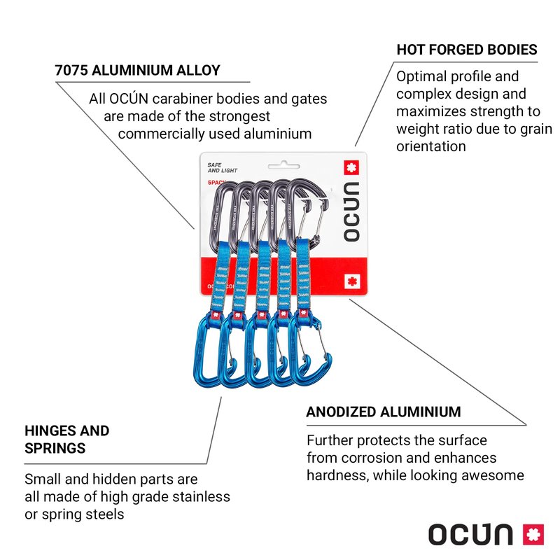 Ocun Hawk Quickdraw Wire PA 16 Straight Carabiner 5-Pack for Rock and Alpine Climbing, Blue