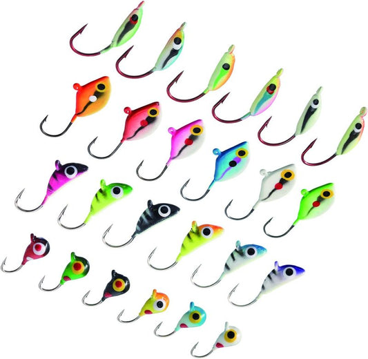 BASSDASH Ice Fishing Lure Kit - Glowing Paint Jigs for Crappie, Sunfish, Perch & Walleye | Includes Tackle Box